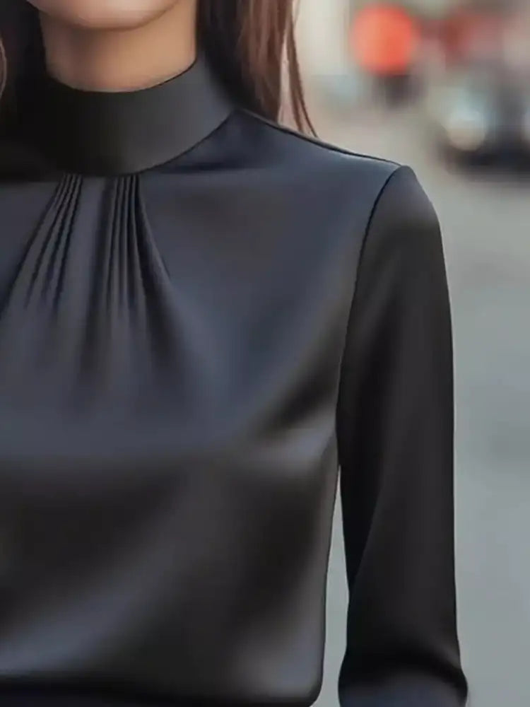 Mock Neck Long Sleeve Blouse with Pleated Detail