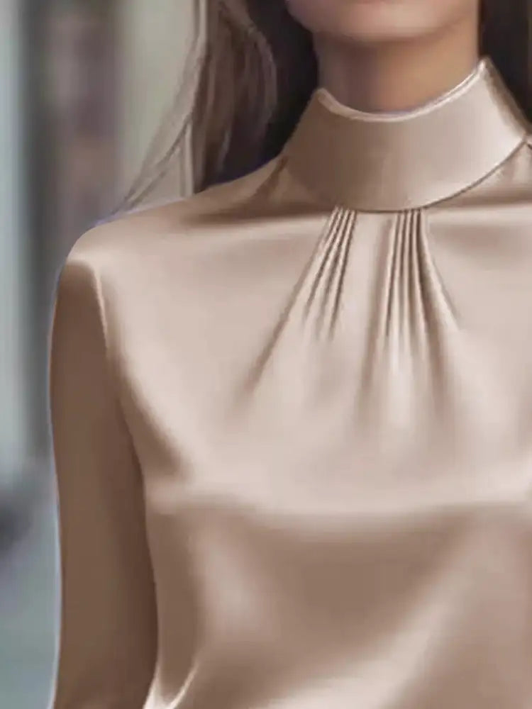 Mock Neck Long Sleeve Blouse with Pleated Detail