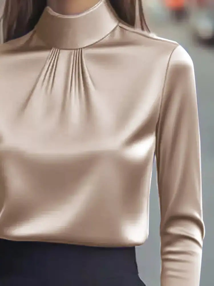 Mock Neck Long Sleeve Blouse with Pleated Detail