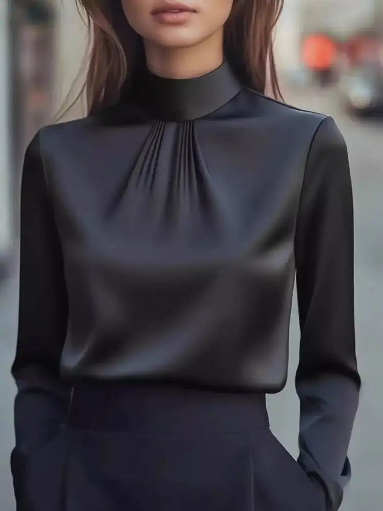 Mock Neck Long Sleeve Blouse with Pleated Detail
