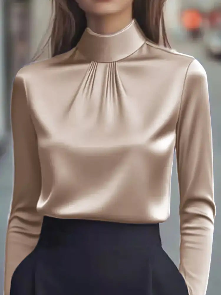 Mock Neck Long Sleeve Blouse with Pleated Detail