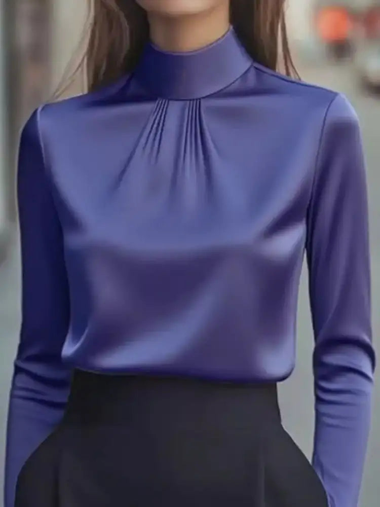 Mock Neck Long Sleeve Blouse with Pleated Detail