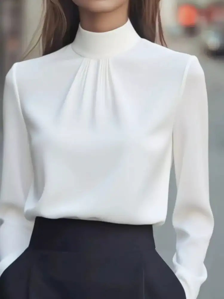 Mock Neck Long Sleeve Blouse with Pleated Detail