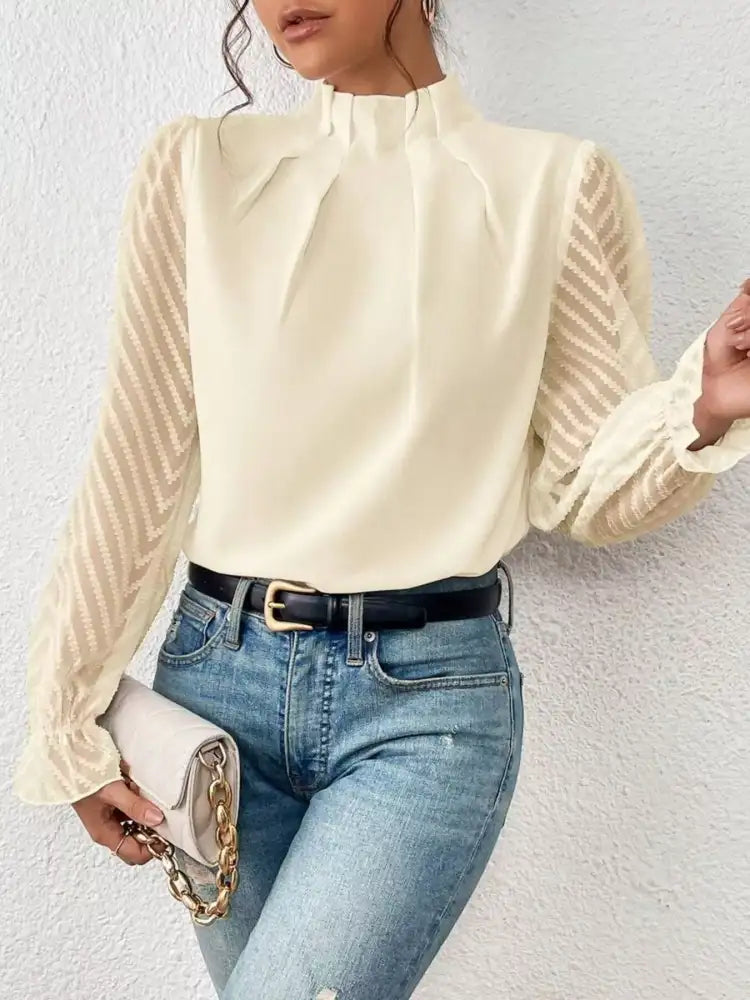 Mock Neck Sheer Lace Sleeve Blouse