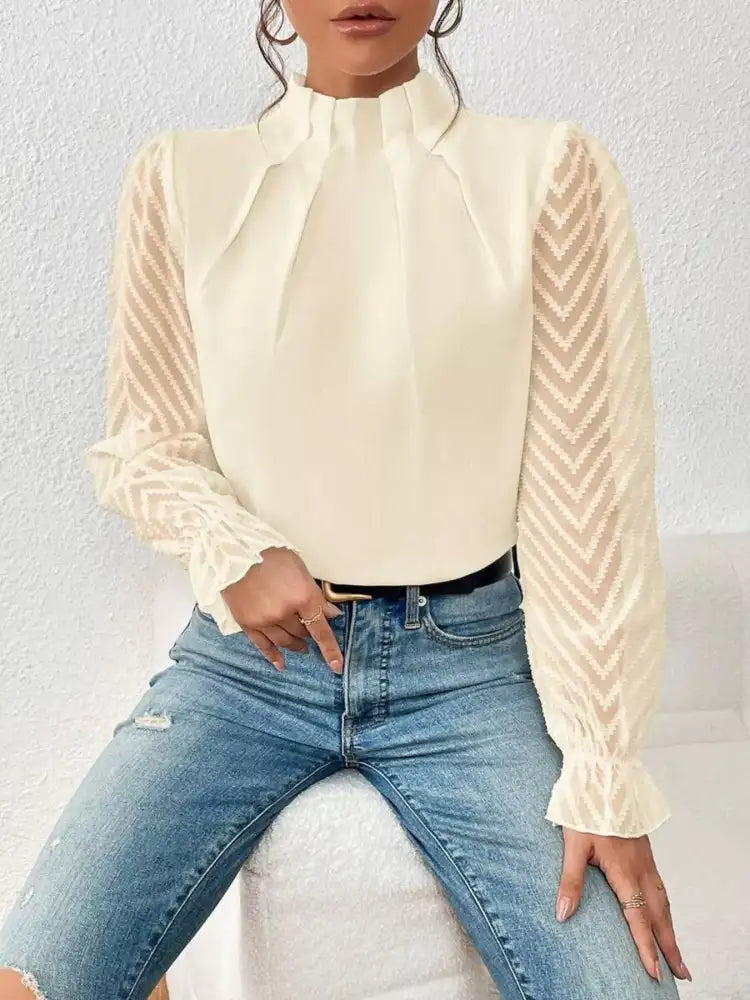 Mock Neck Sheer Lace Sleeve Blouse