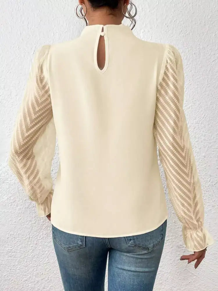 Mock Neck Sheer Lace Sleeve Blouse