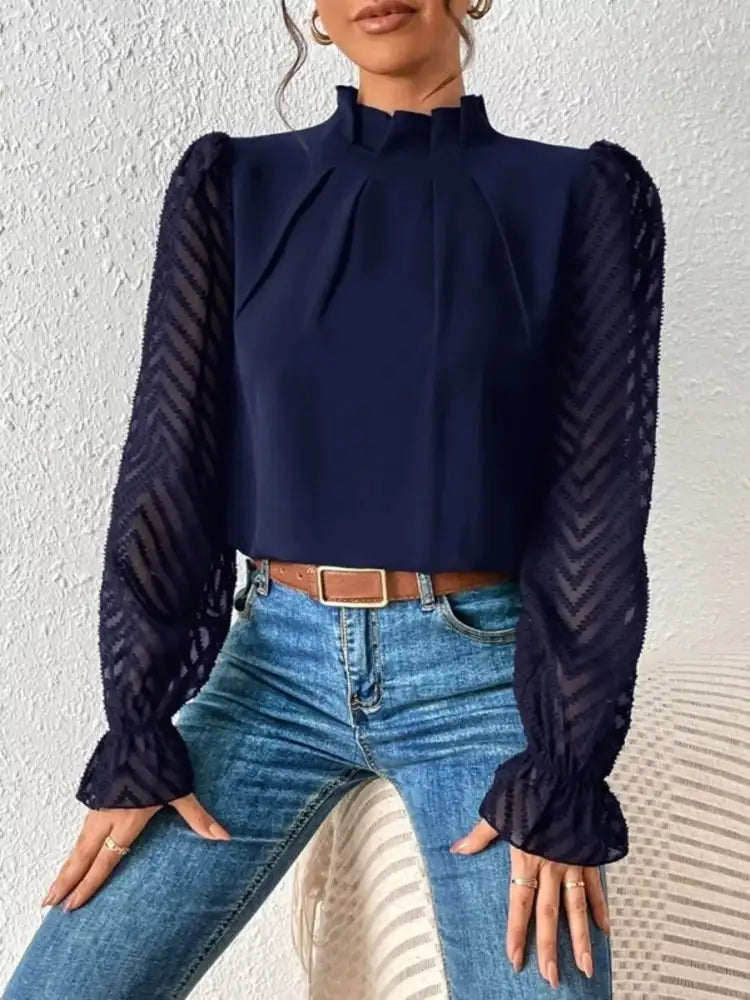 Mock Neck Sheer Lace Sleeve Blouse
