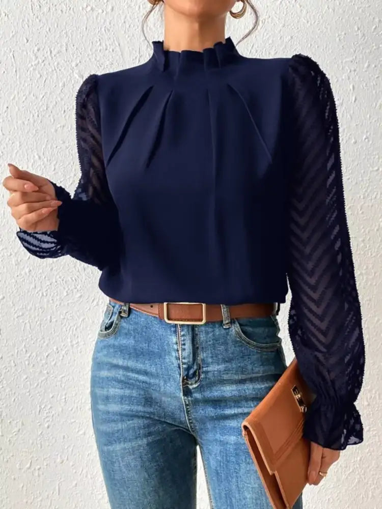 Mock Neck Sheer Lace Sleeve Blouse