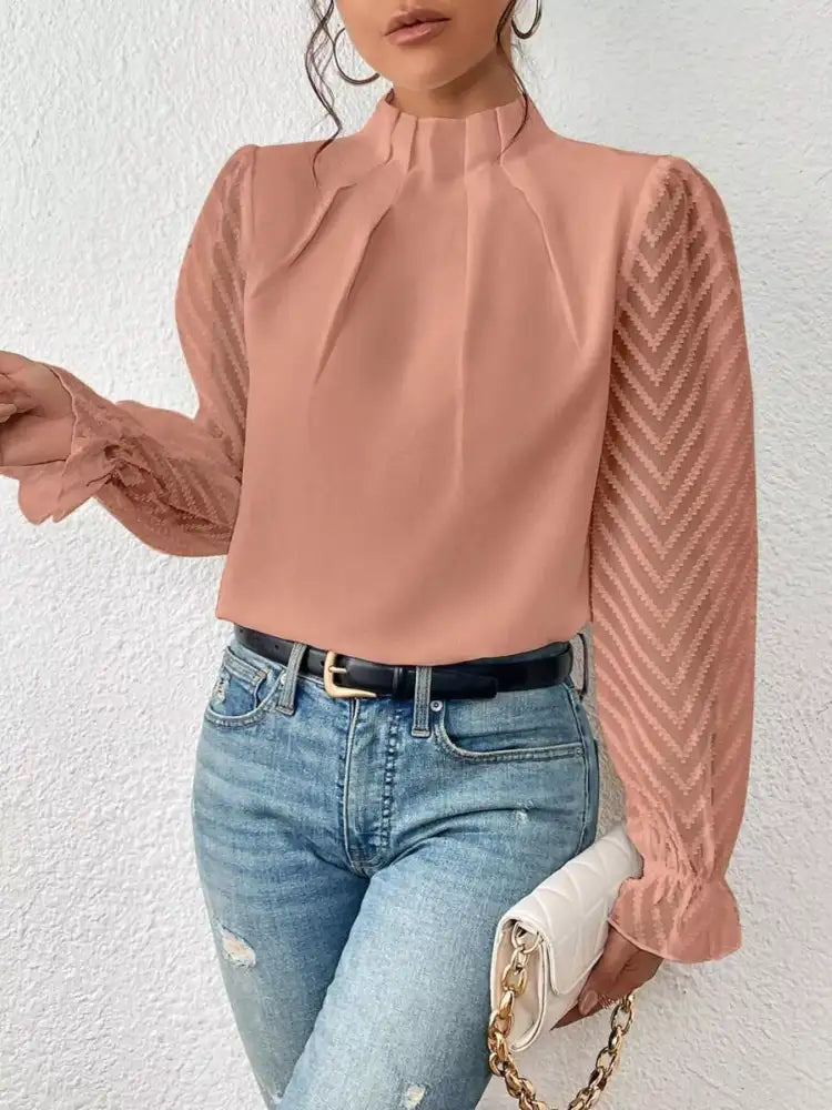 Mock Neck Sheer Lace Sleeve Blouse