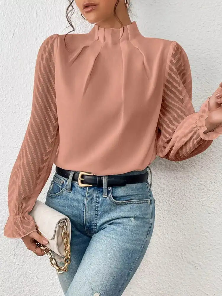 Mock Neck Sheer Lace Sleeve Blouse