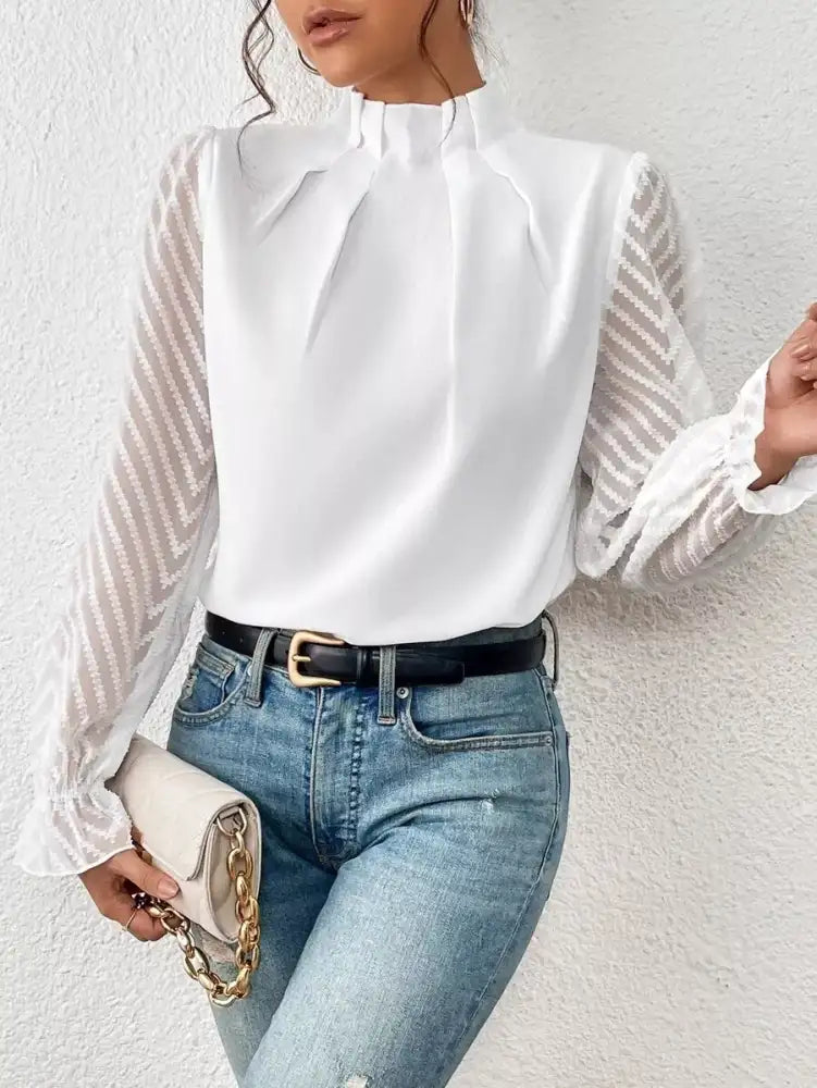 Mock Neck Sheer Lace Sleeve Blouse
