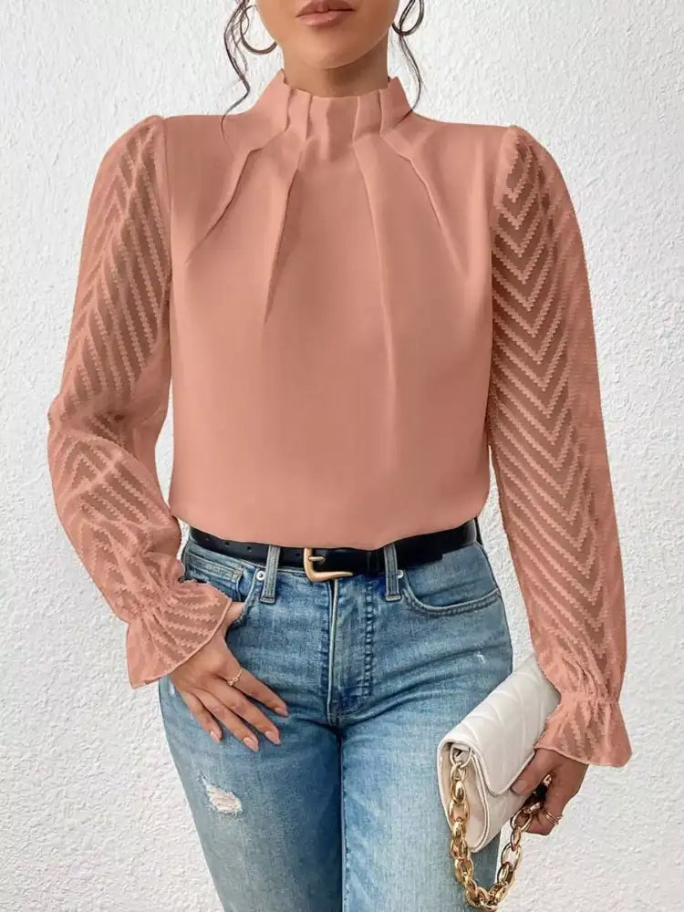 Mock Neck Sheer Lace Sleeve Blouse