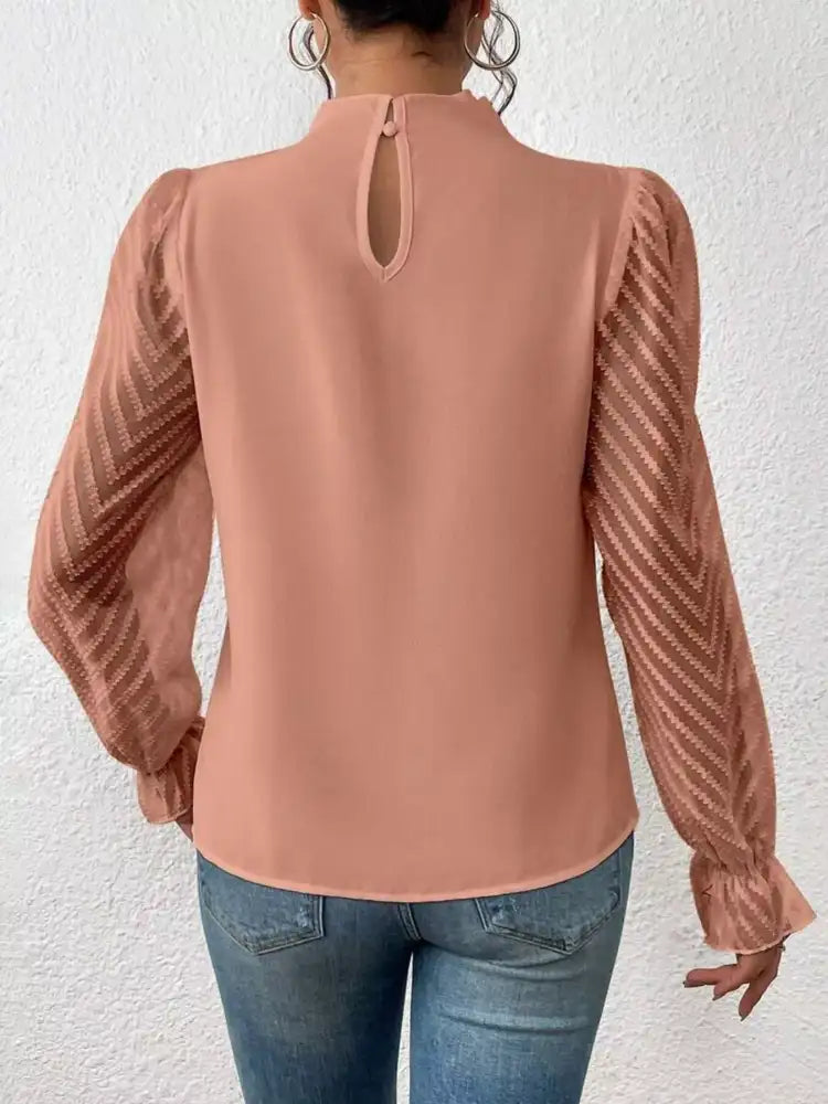 Mock Neck Sheer Lace Sleeve Blouse