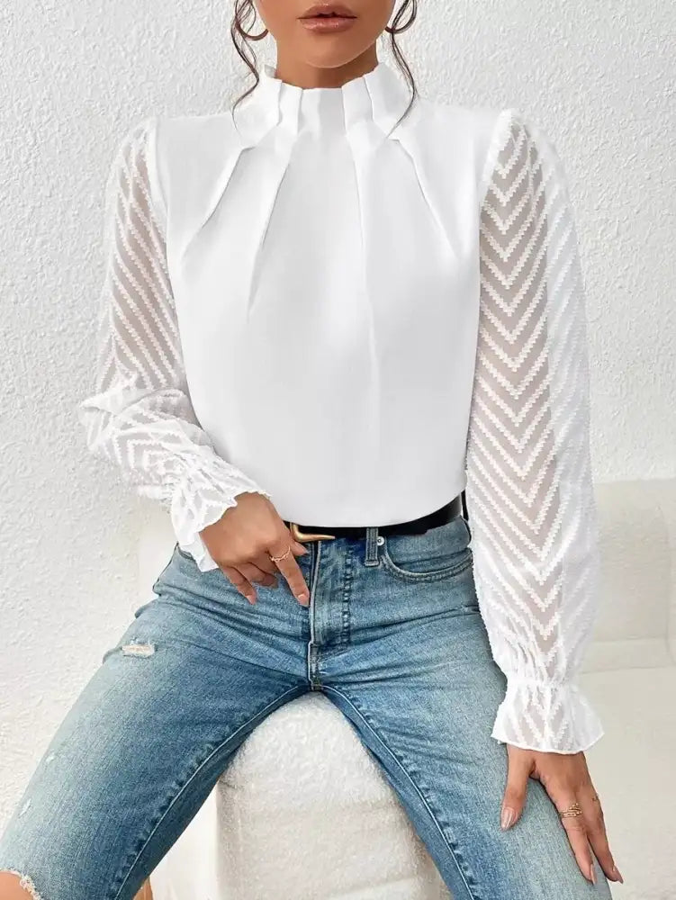 Mock Neck Sheer Lace Sleeve Blouse