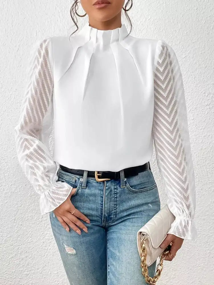 Mock Neck Sheer Lace Sleeve Blouse