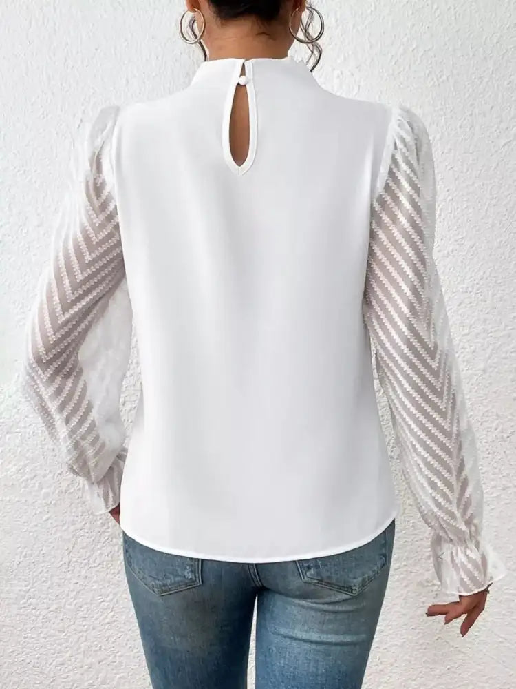 Mock Neck Sheer Lace Sleeve Blouse