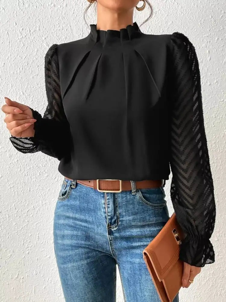 Mock Neck Sheer Lace Sleeve Blouse
