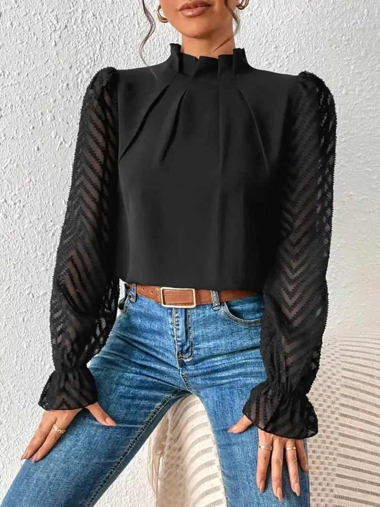 Mock Neck Sheer Lace Sleeve Blouse