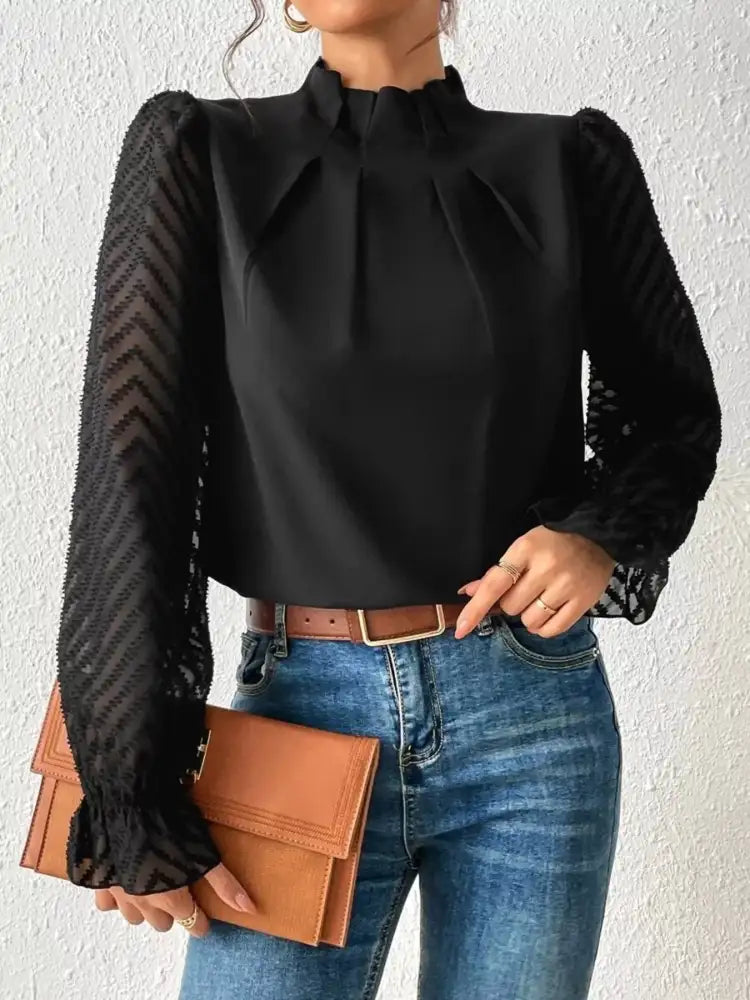 Mock Neck Sheer Lace Sleeve Blouse