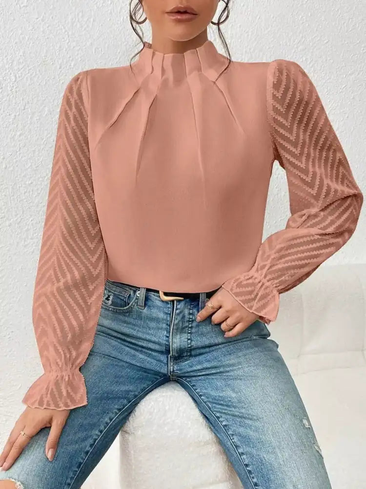 Mock Neck Sheer Lace Sleeve Blouse
