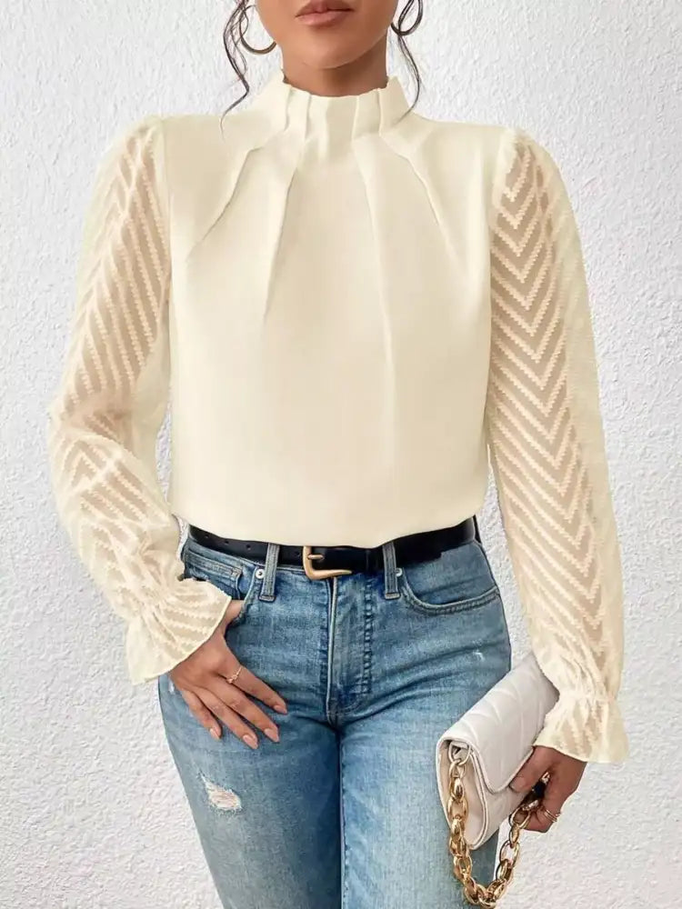 Mock Neck Sheer Lace Sleeve Blouse