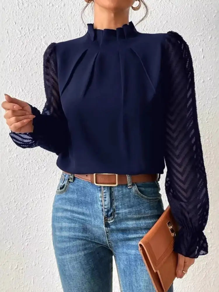 Mock Neck Sheer Lace Sleeve Blouse