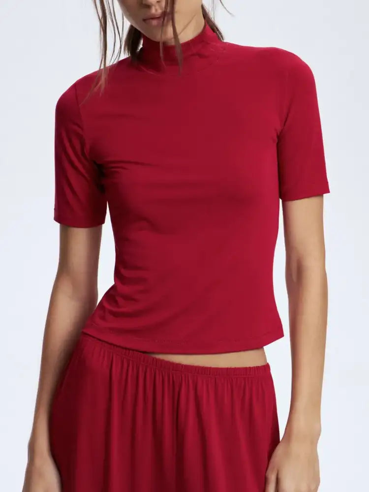 Mock Neck Short Sleeve Top and Pants Set