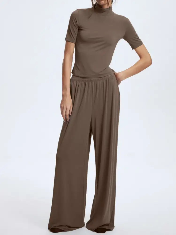 Mock Neck Short Sleeve Top and Pants Set