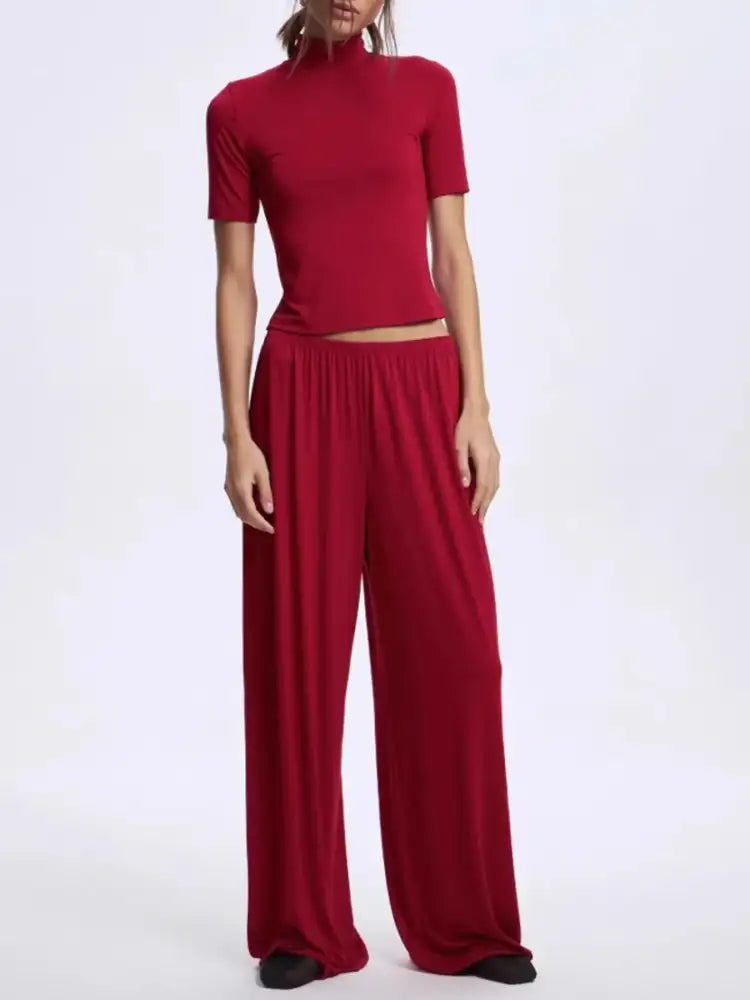 Mock Neck Short Sleeve Top and Pants Set