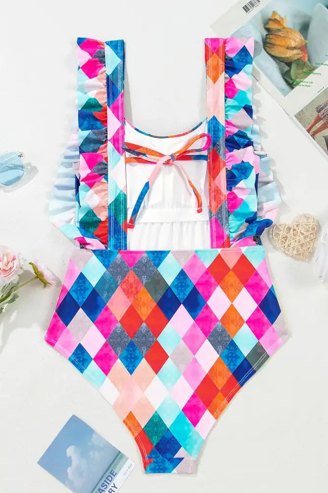 Multicolor Plaid Print Square Neck Frill Sleeveless Backless One-Piece Swimwear