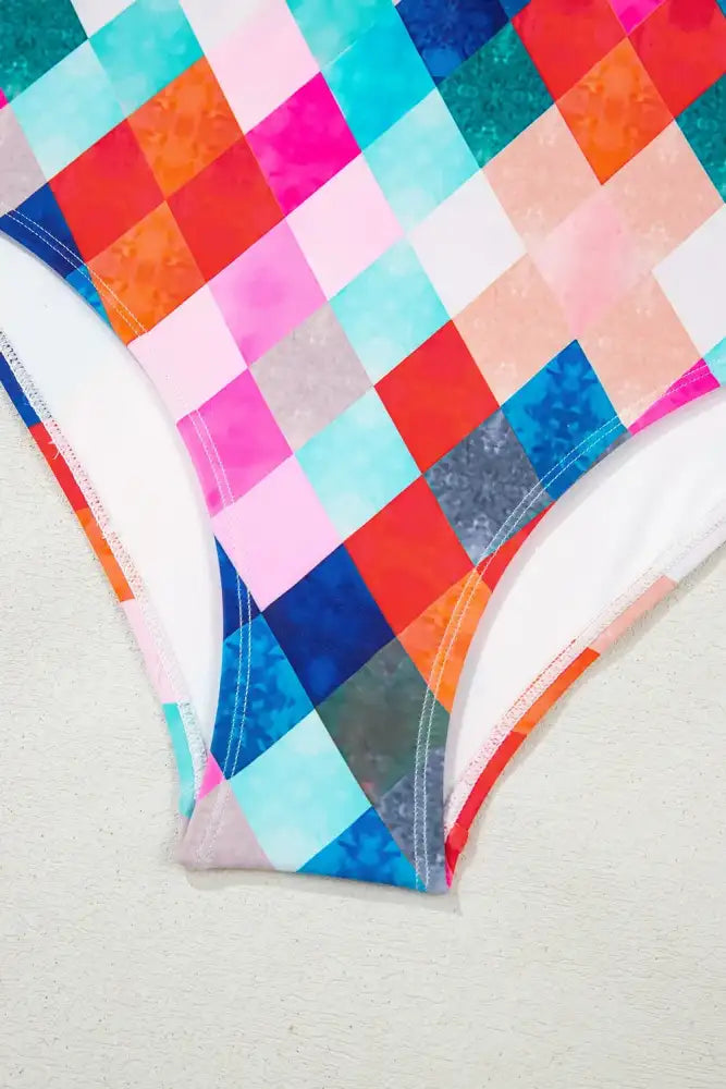 Multicolor Plaid Print Square Neck Frill Sleeveless Backless One-Piece Swimwear