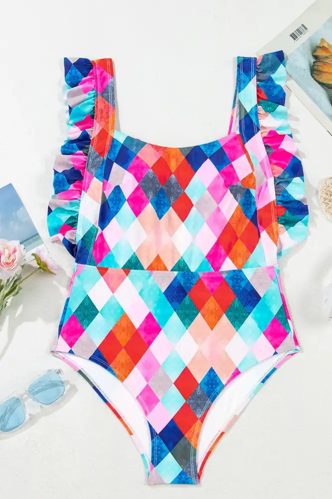 Multicolor Plaid Print Square Neck Frill Sleeveless Backless One-Piece Swimwear