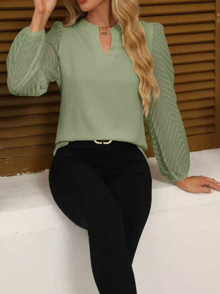 Notched Balloon Sleeve Blouse