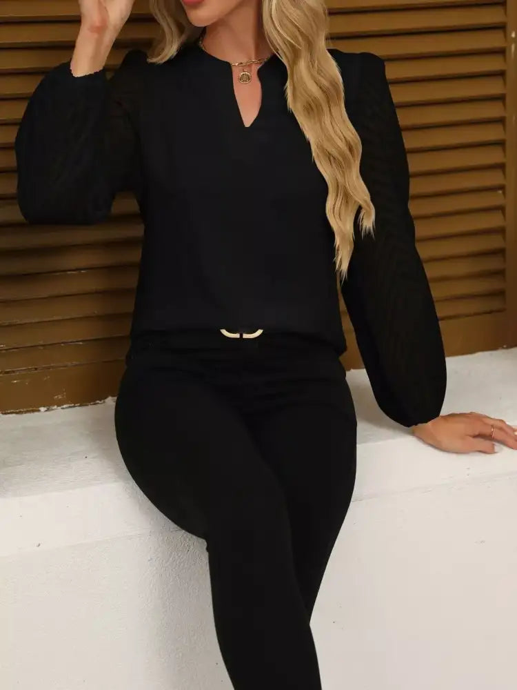 Notched Balloon Sleeve Blouse