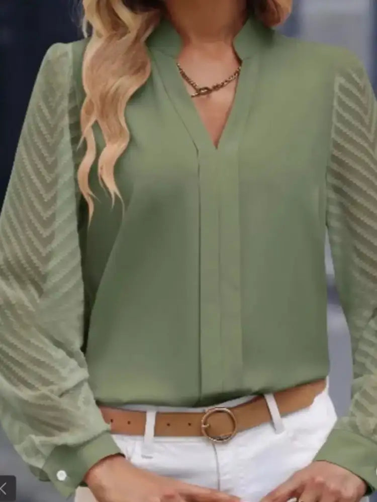 Notched Long Sleeve Blouse