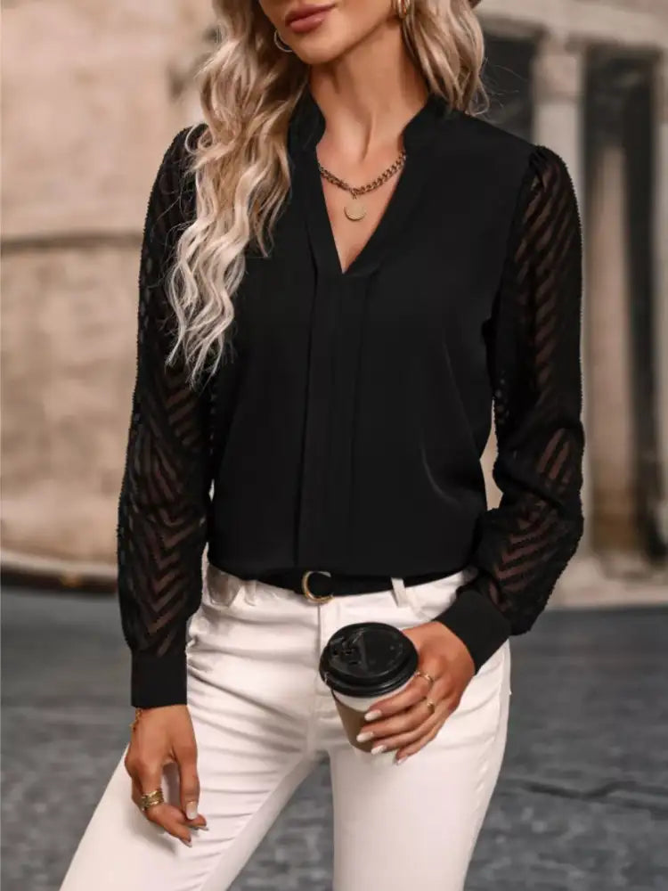 Notched Long Sleeve Blouse