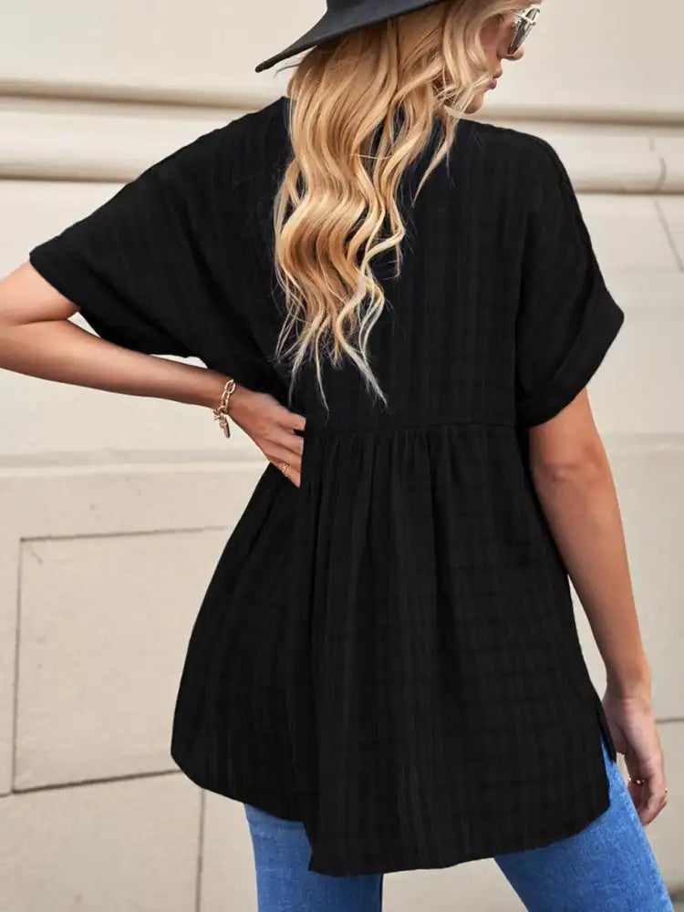 Notched Short Sleeve Blouse