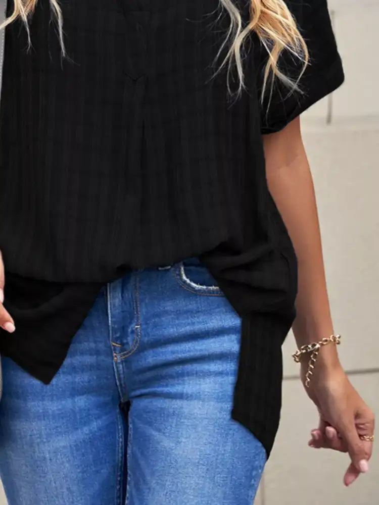 Notched Short Sleeve Blouse