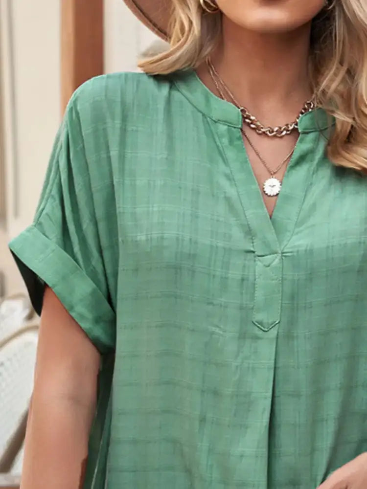 Notched Short Sleeve Blouse