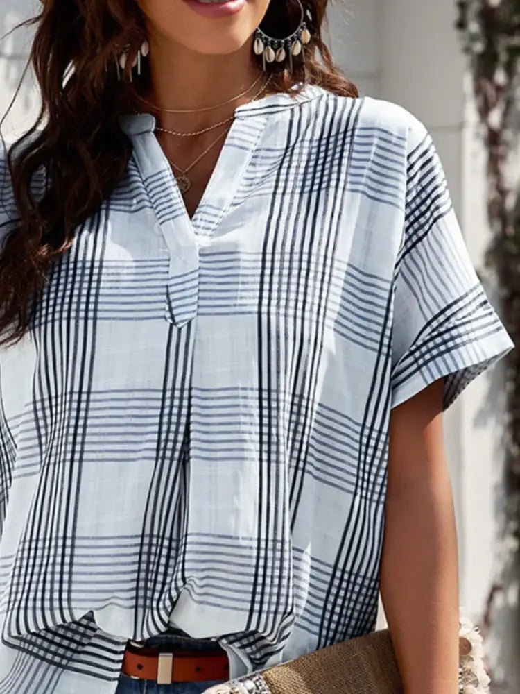 Notched Short Sleeve Blouse
