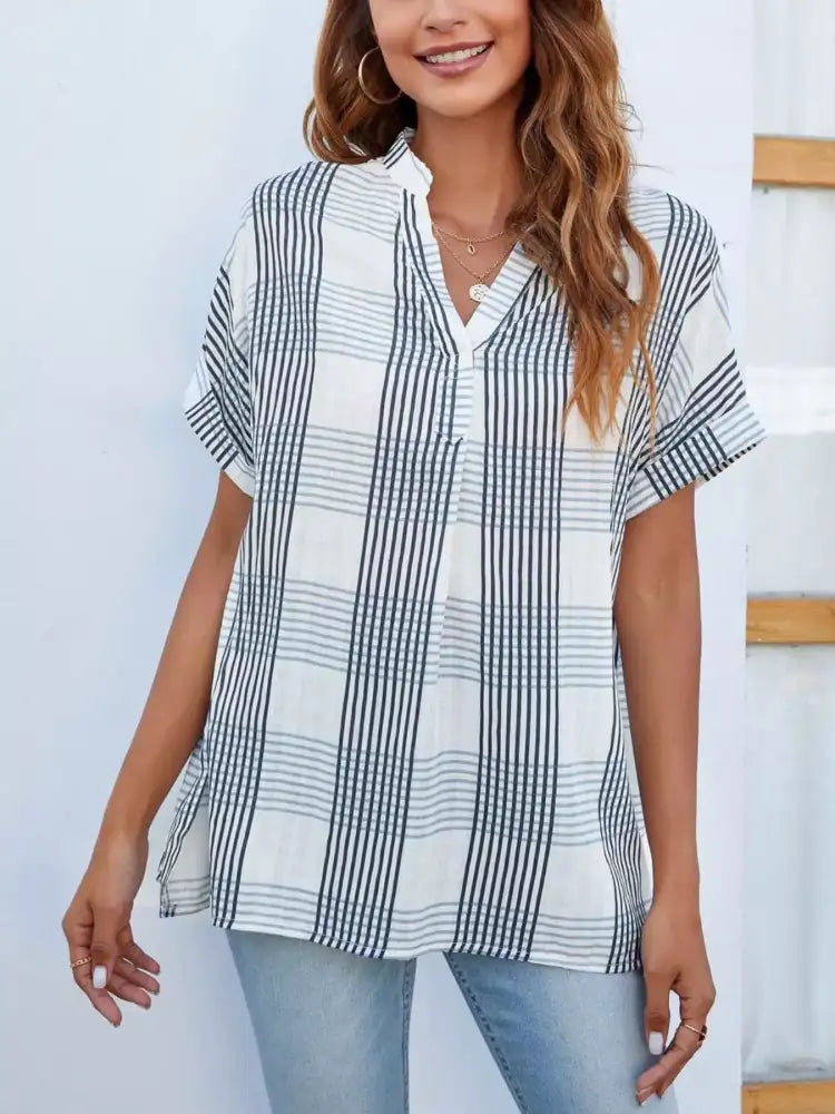 Notched Short Sleeve Blouse