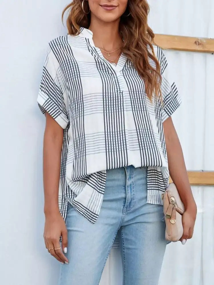 Notched Short Sleeve Blouse