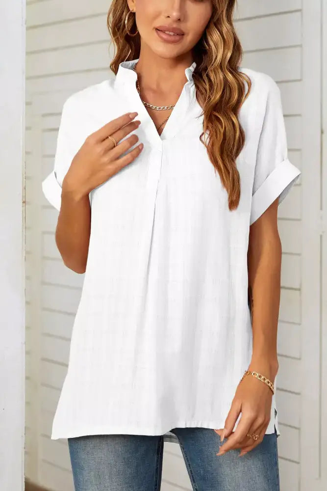 Notched Short Sleeve Blouse