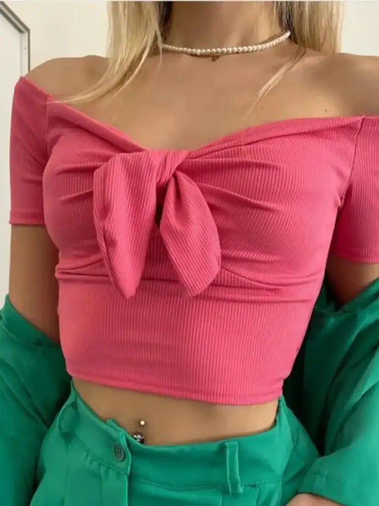 Off-Shoulder Bow-Tie Crop Top