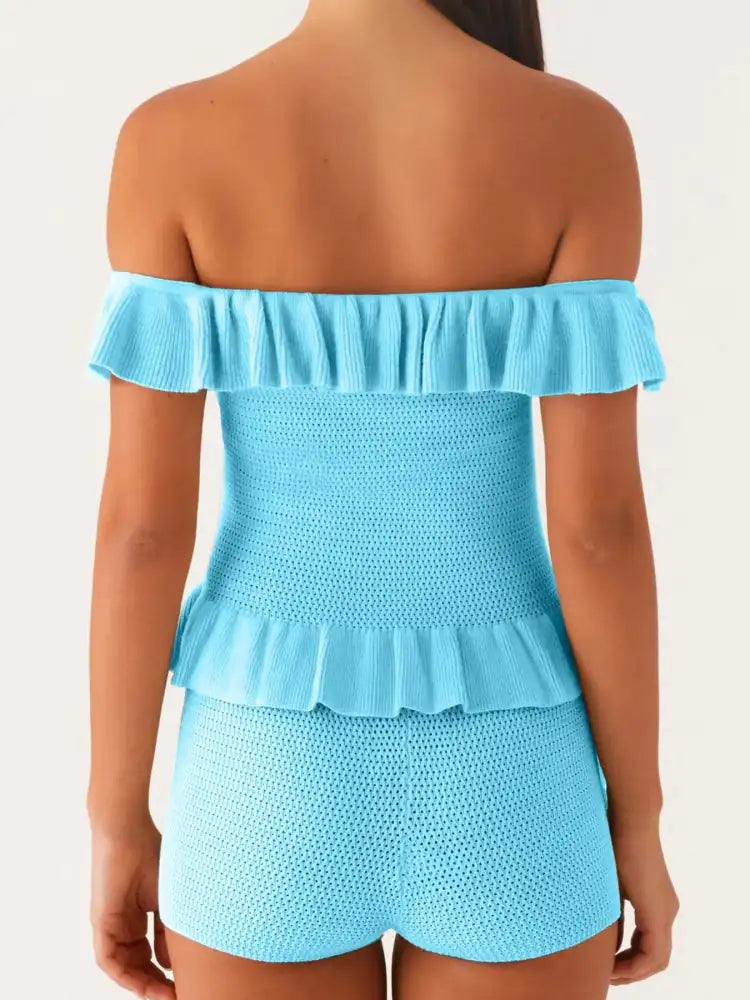 Off-Shoulder Ruffle Top and Shorts Sweater Set