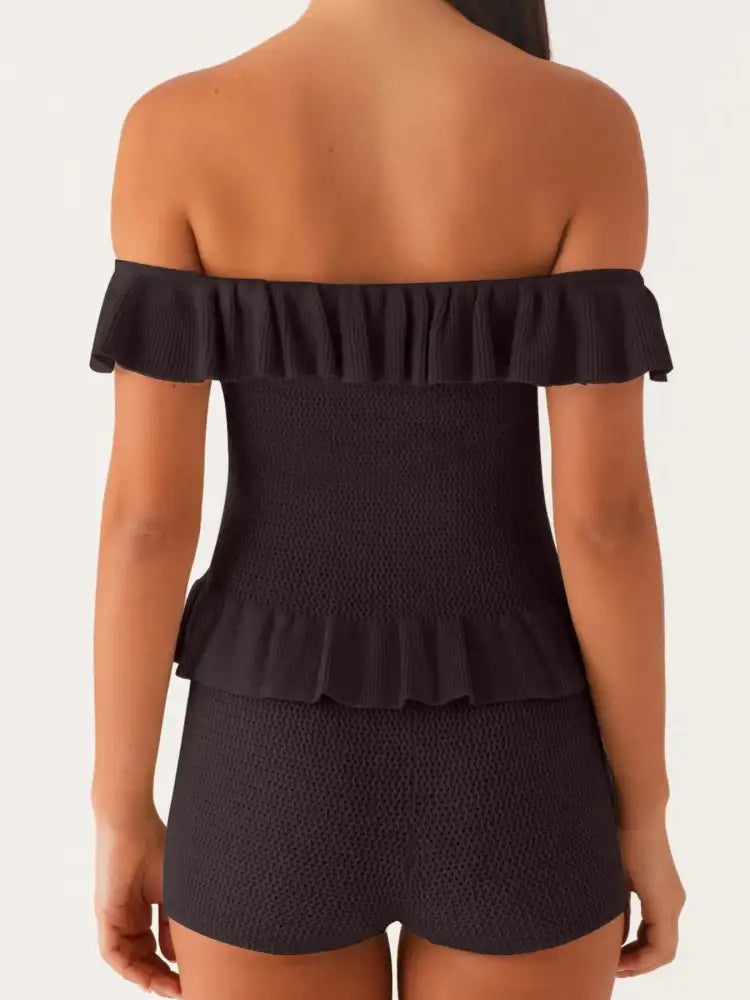 Off-Shoulder Ruffle Top and Shorts Sweater Set