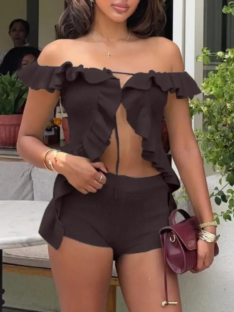 Off-Shoulder Ruffle Top and Shorts Sweater Set