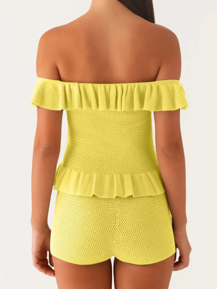 Off-Shoulder Ruffle Top and Shorts Sweater Set
