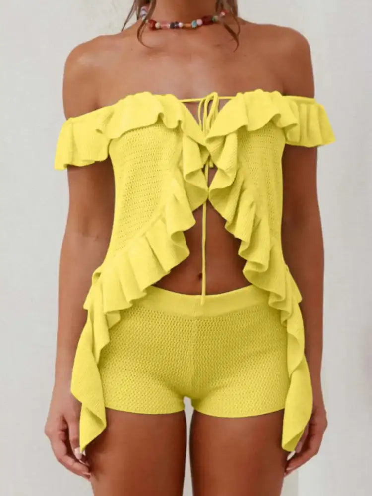 Off-Shoulder Ruffle Top and Shorts Sweater Set