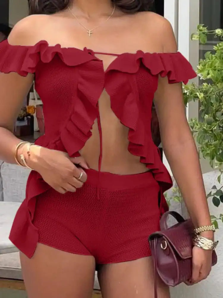 Off-Shoulder Ruffle Top and Shorts Sweater Set
